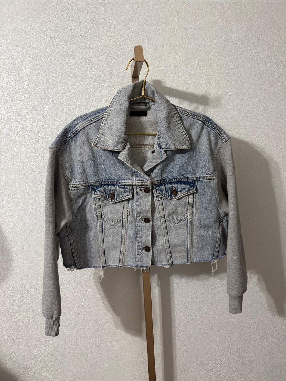 All Saints -Light Blue cropped Denim Jacket with Gray Jersey Sleeves- Size XS/S